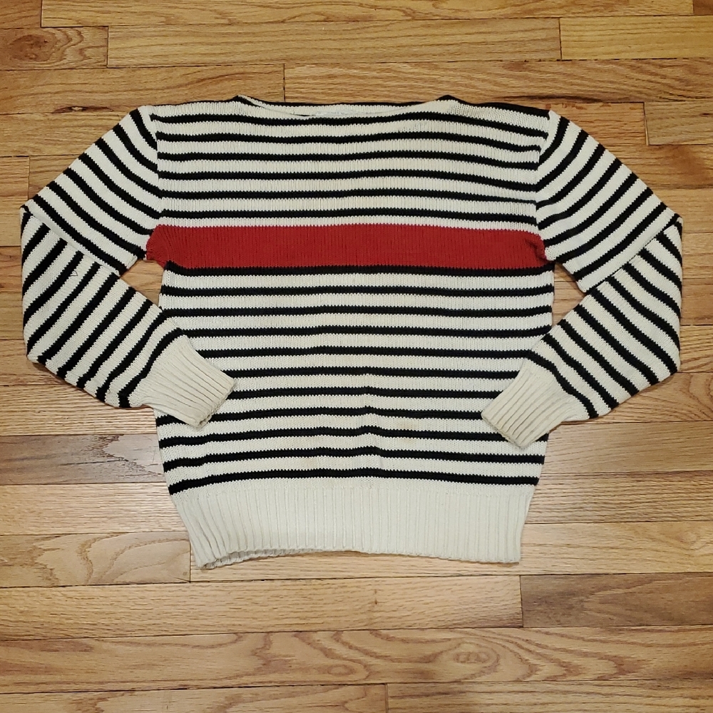 Vintage Striped Black and White Sweater with Red Accent